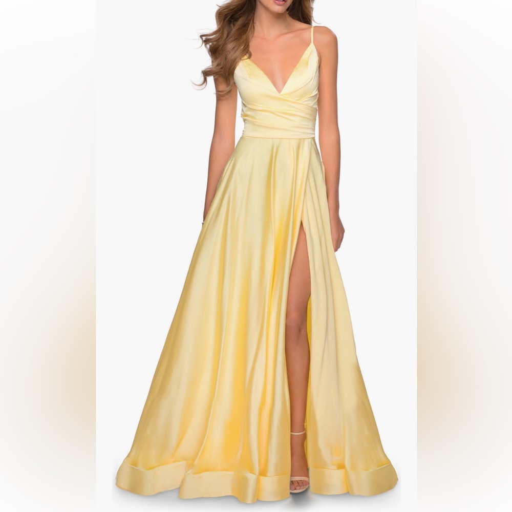 La Femme Strappy Back Satin Ballgown Pale Yellow Size 6